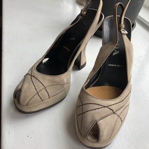 Prada suede tan peep-toe heels with stitching.
